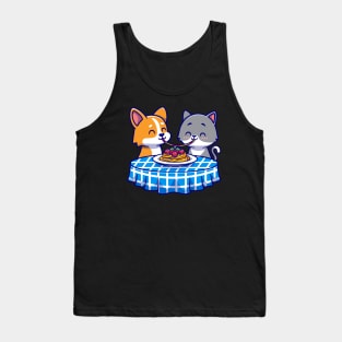 Cute Couple Cat And Corgi Dog Eating Spaghetti Together Cartoon Tank Top